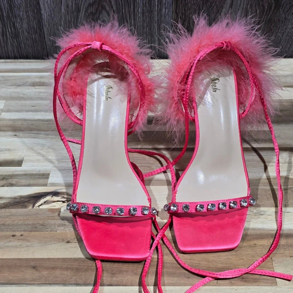 Hot Pink Rhinestone Feather Tie Up Heels‎ Sandals US Size7 Shein Size 38